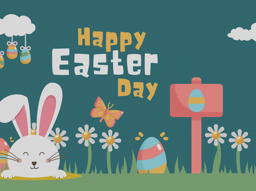 Happy Easter Day Image with bunnies and eggs