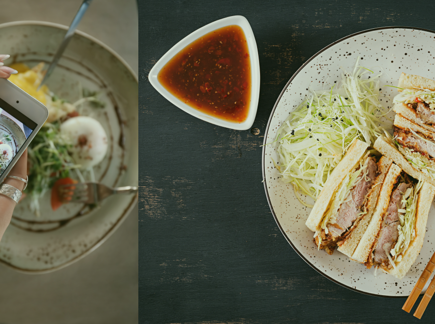 Two photos places side by side with one photo of sandwich and other photo of a lady clicking an image of trending food.