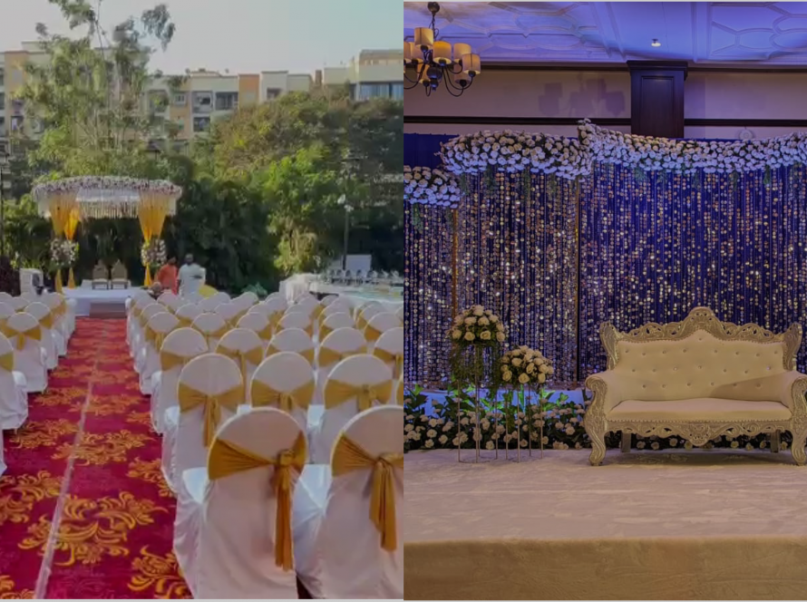 Photos of Outdoor Wedding and Indoor Wedding next to each other